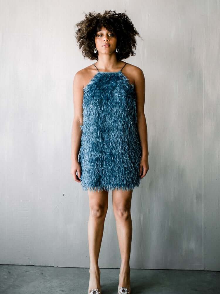 blue fringe mini, blue cocktail dress, blue feather mini dress, feather mini dress, blue feather mini cocktail dress, cult gaia lookalike, feather party dress