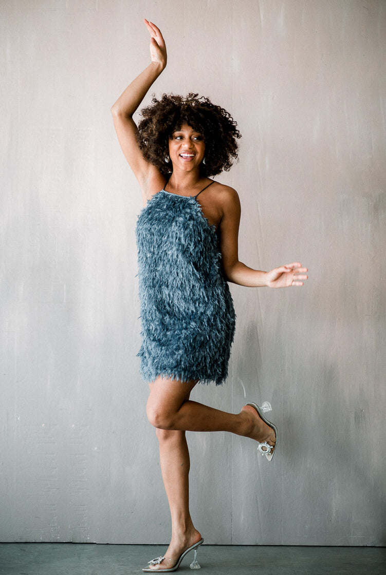 blue fringe mini, blue cocktail dress, blue feather mini dress, feather mini dress, blue feather mini cocktail dress, cult gaia lookalike, feather party dress