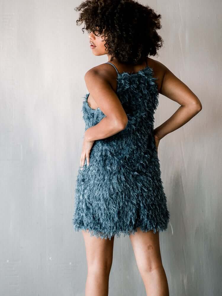 blue fringe mini, blue cocktail dress, blue feather mini dress, feather mini dress, blue feather mini cocktail dress, cult gaia lookalike, feather party dress