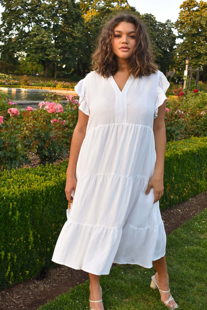 erika white flutter sleeve plus size midi dress, white plus size dress, white plus size dresses for women