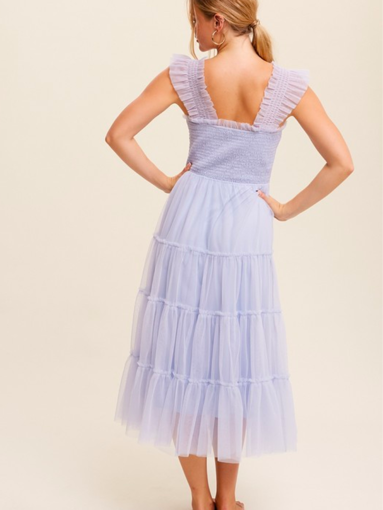 Fiori Short Blue Tulle Tiered Midi Dress