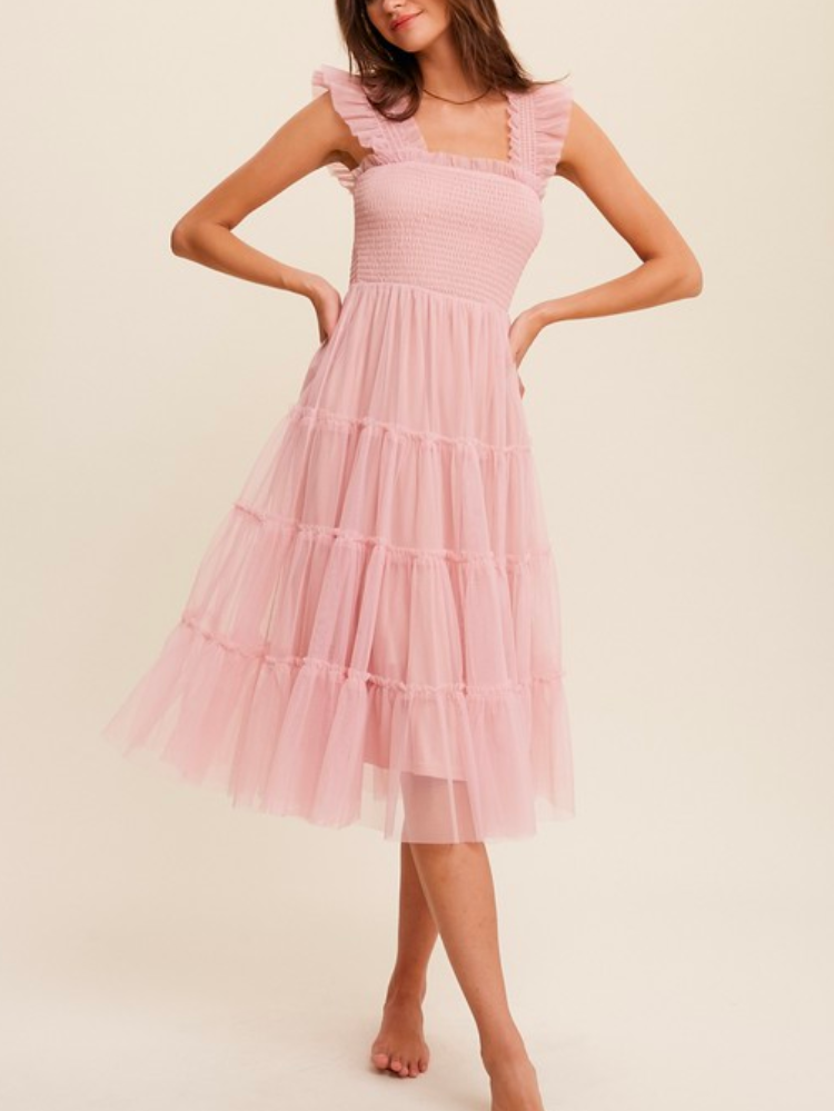 Fiori Short Pink Tulle Tiered Midi Dress