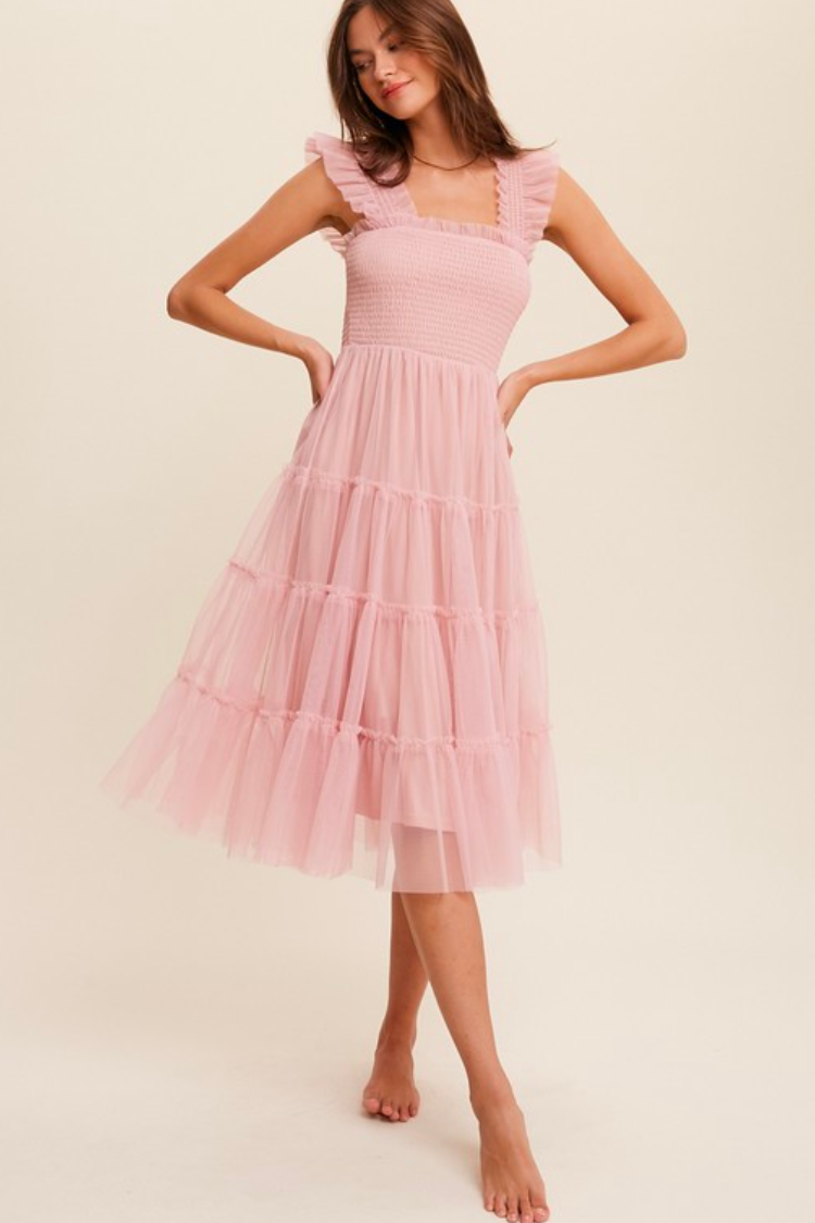 Fiori Short Pink Tulle Tiered Midi Dress