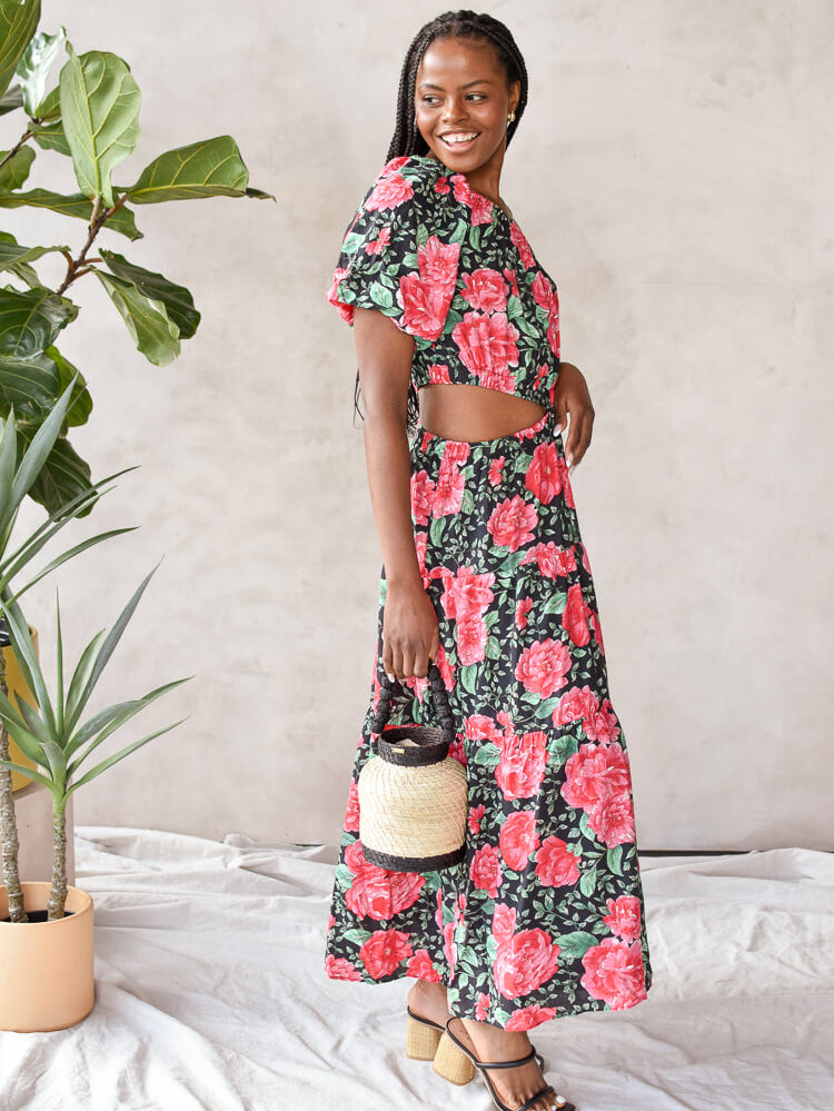 moon river red and black floral cutout one shoulder midi dress