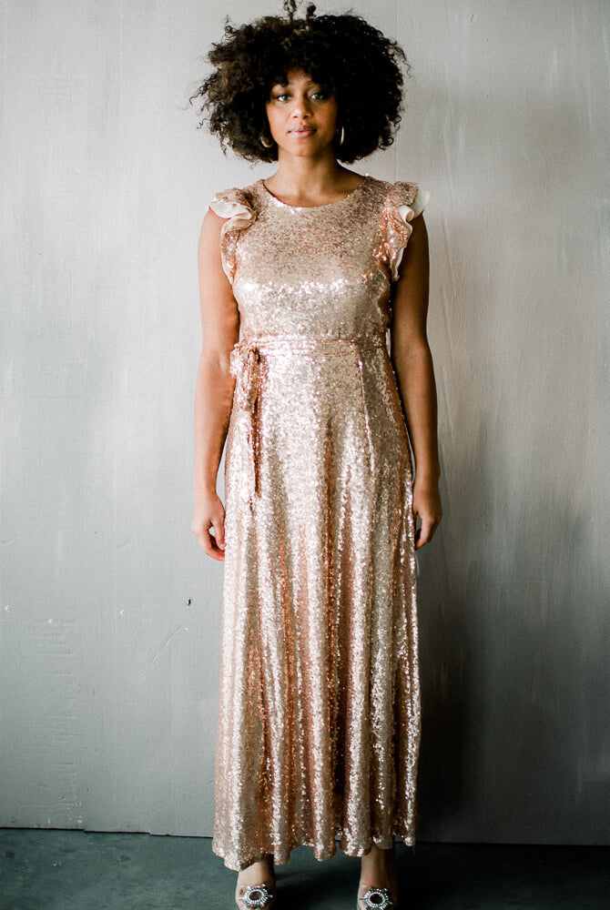 flutter sleeve sequin dress, rose gold sequin dress, pink sequin maxi, pink sequin maxi dress