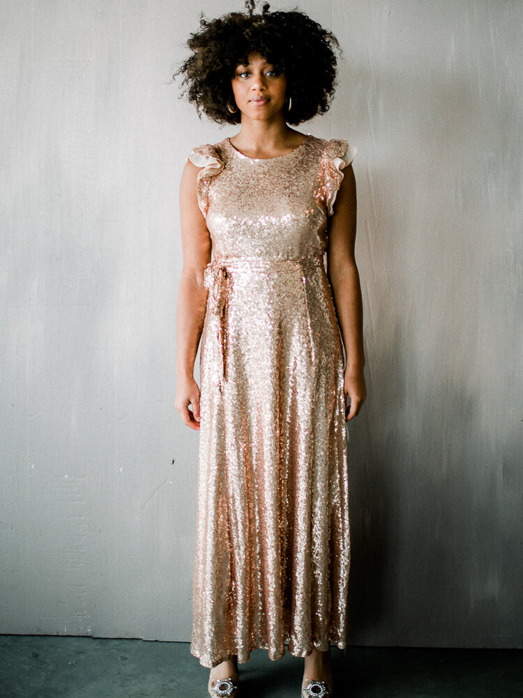 flutter sleeve sequin dress, rose gold sequin dress, pink sequin maxi, pink sequin maxi dress