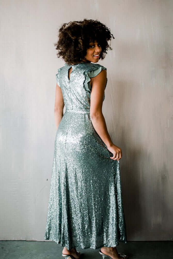 flutter sleeve silver sequin maxi, silver maxi, silver sequin maxi, sequin maxi dress, nye dress, cocktail dress, dress for nye wedding