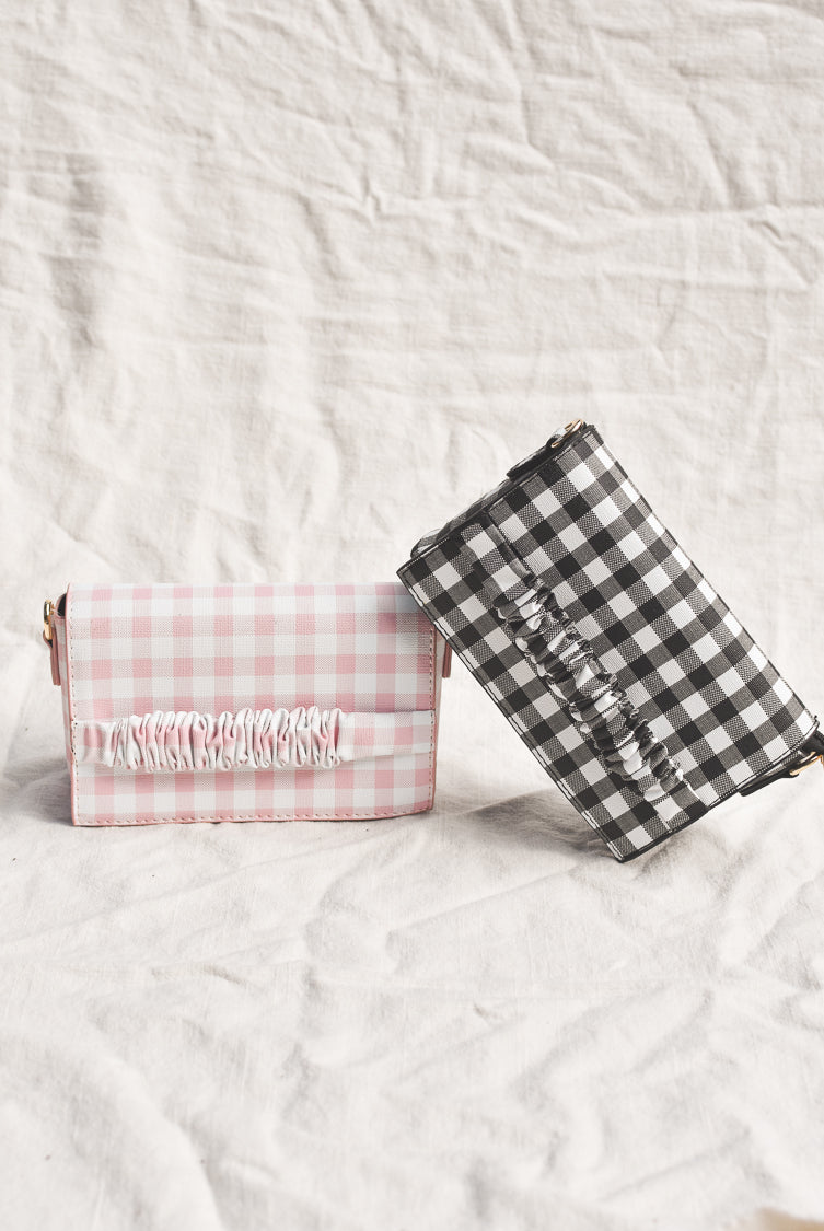 gingham clutches, pink gingham clutch, black gingham clutch