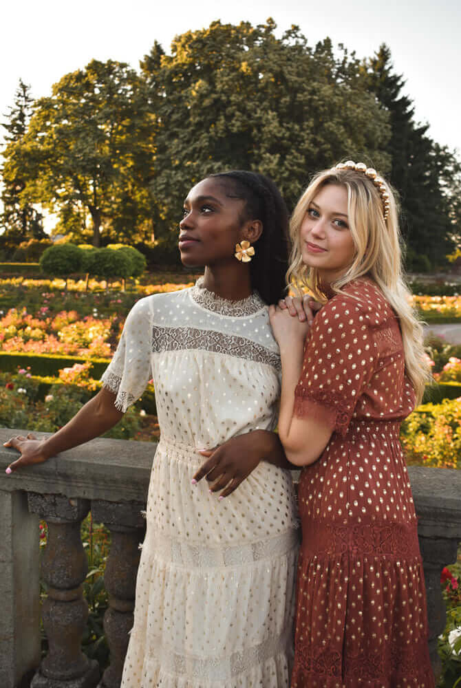 genevieve gold dot maxi dress, gold dot dress, ivory gold dot dress, garden party dress, engagement photo dress, engagement party dress, dress for wedding at a castle