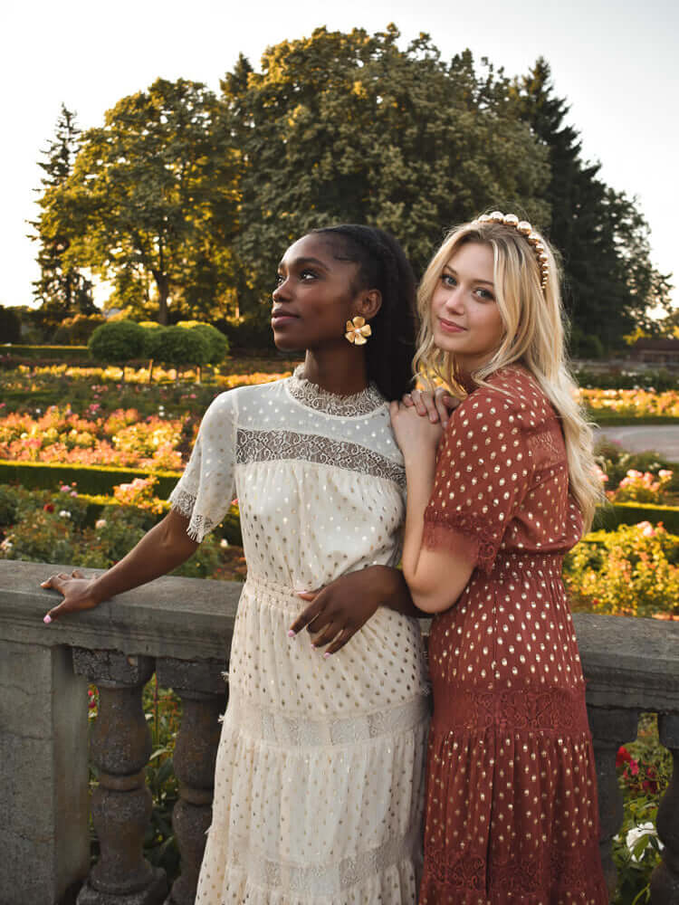 genevieve gold dot maxi dress, gold dot dress, ivory gold dot dress, garden party dress, engagement photo dress, engagement party dress, dress for wedding at a castle