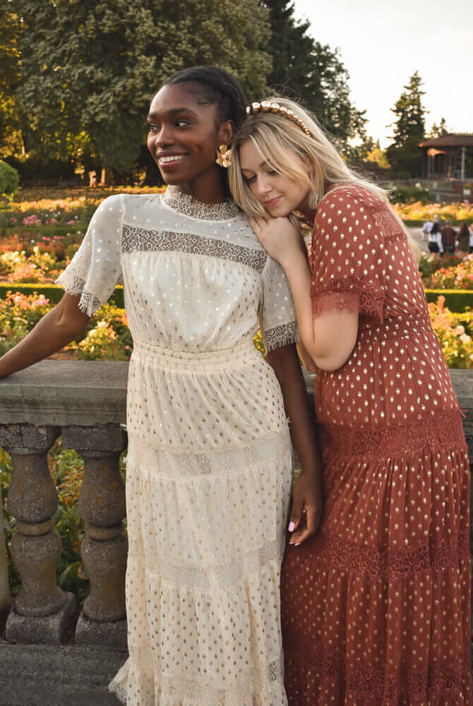 genevieve gold dot maxi dress, gold dot dress, ivory gold dot dress, garden party dress, engagement photo dress, engagement party dress, dress for wedding at a castle