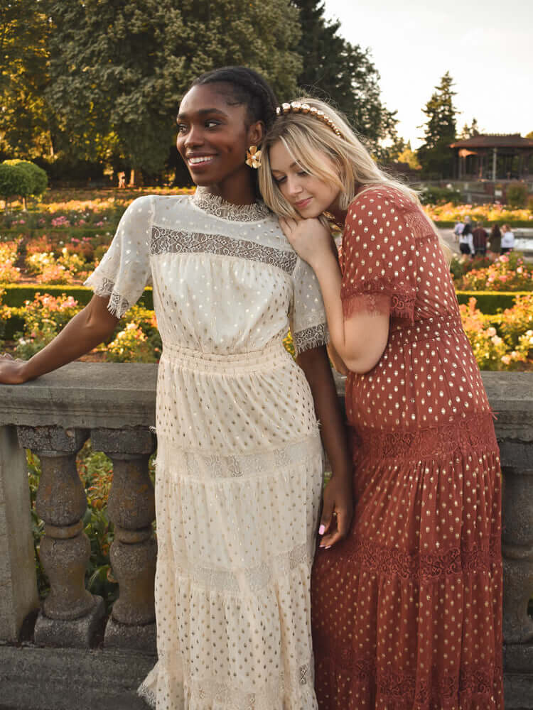 genevieve gold dot maxi dress, gold dot dress, ivory gold dot dress, garden party dress, engagement photo dress, engagement party dress, dress for wedding at a castle