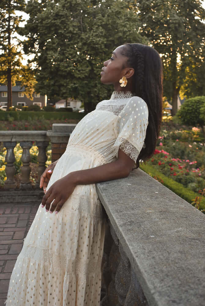 genevieve gold dot maxi dress, gold dot dress, ivory gold dot dress, garden party dress, engagement photo dress, engagement party dress, dress for wedding at a castle