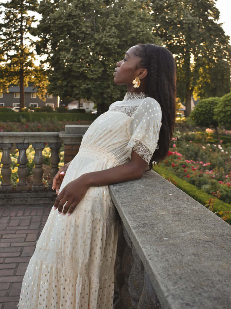 genevieve gold dot maxi dress, gold dot dress, ivory gold dot dress, garden party dress, engagement photo dress, engagement party dress, dress for wedding at a castle