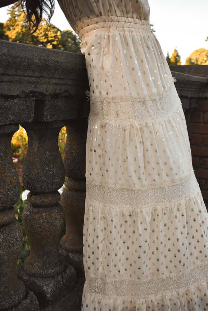 genevieve gold dot maxi dress, gold dot dress, ivory gold dot dress, garden party dress, engagement photo dress, engagement party dress, dress for wedding at a castle