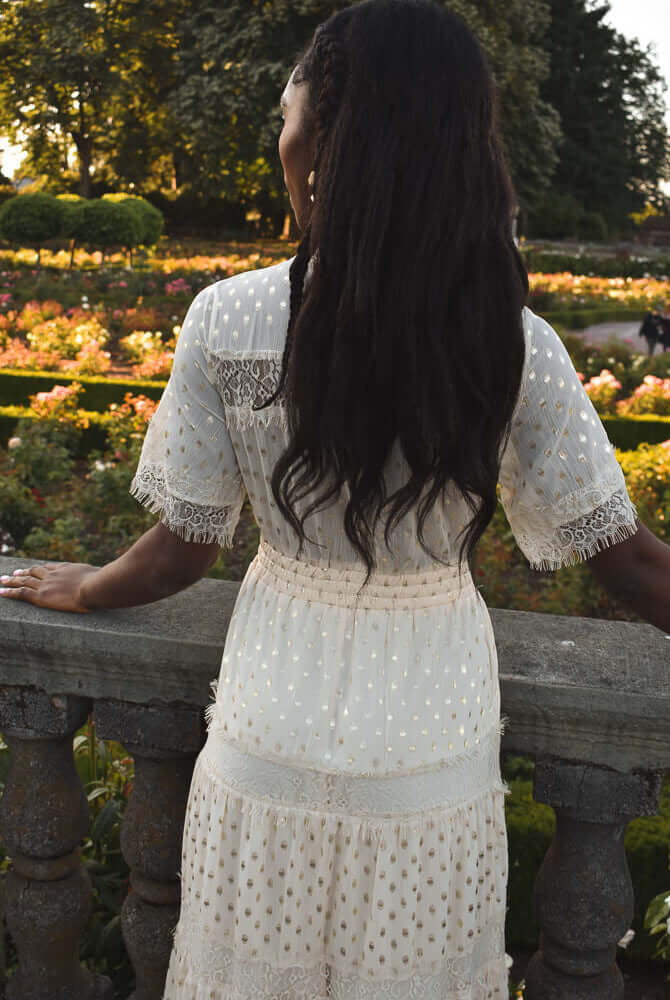 genevieve gold dot maxi dress, gold dot dress, ivory gold dot dress, garden party dress, engagement photo dress, engagement party dress, dress for wedding at a castle
