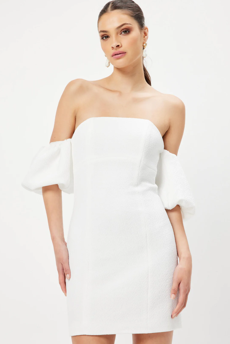 gloriosa white mini dress with puff sleeves for brides elliatt