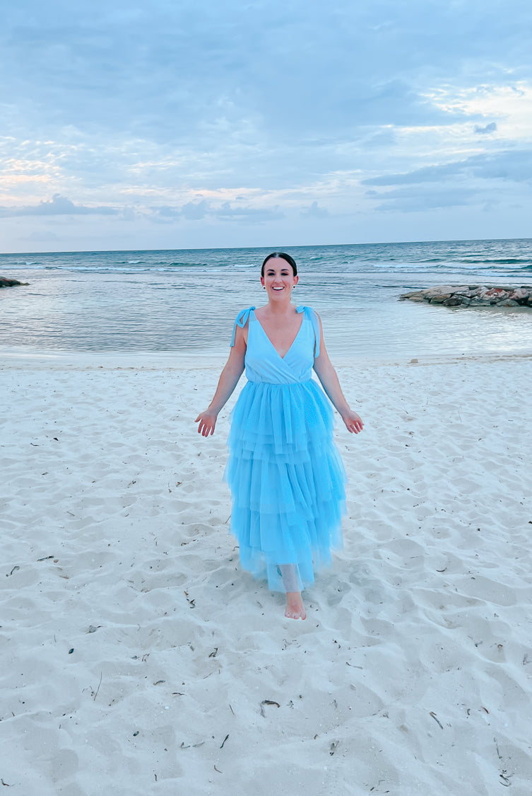 blue tulle midi dress