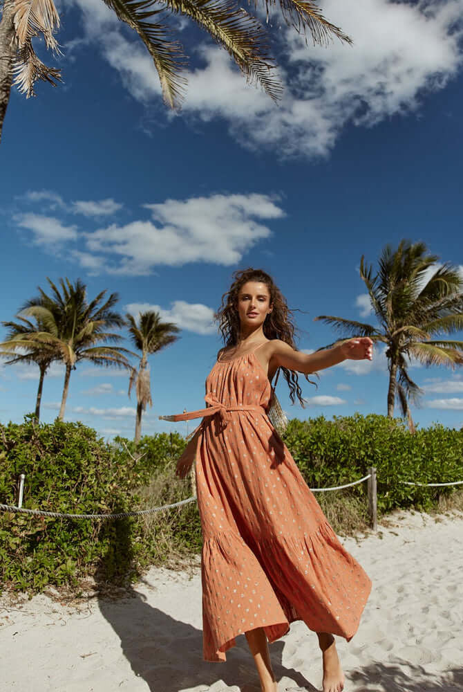 kara long dress terracotta dubai from sundress, terracotta maxi dress, brown vacation dress