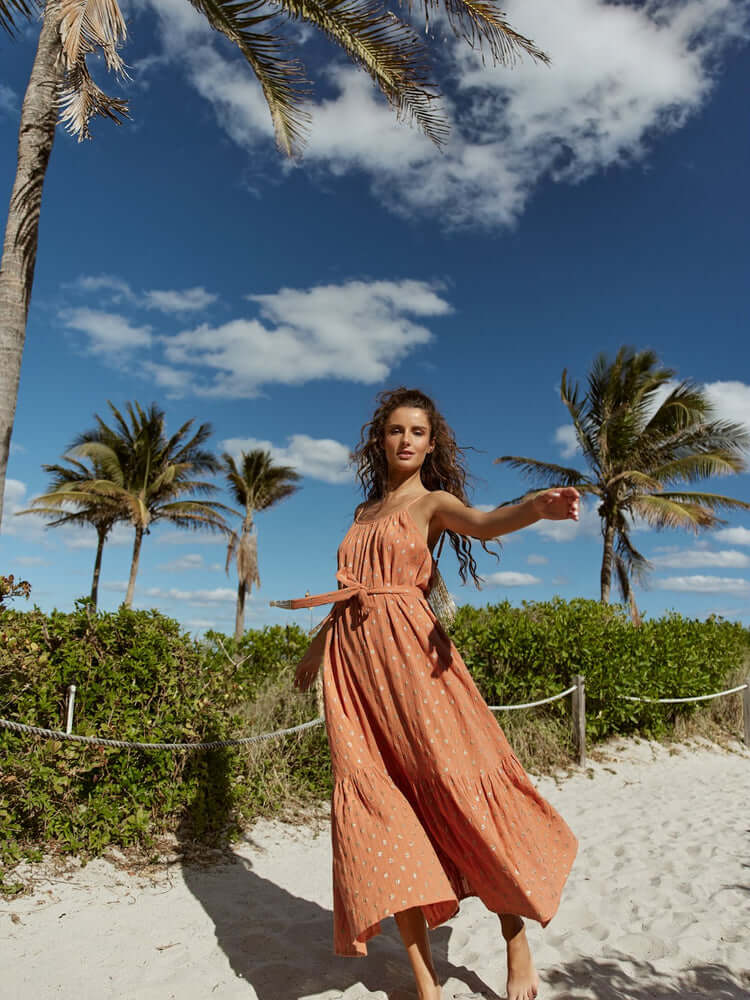 kara long dress terracotta dubai from sundress, terracotta maxi dress, brown vacation dress