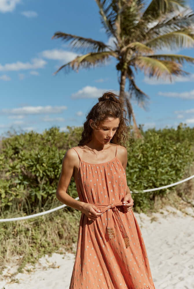 kara long dress terracotta dubai from sundress, terracotta maxi dress, brown vacation dress