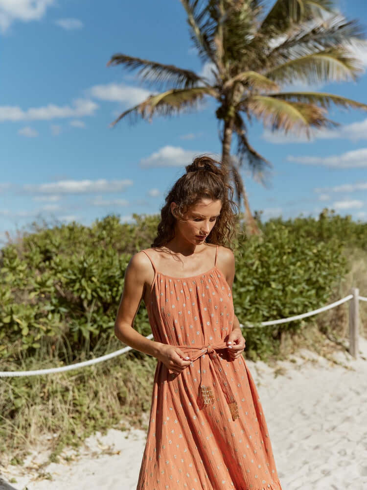 kara long dress terracotta dubai from sundress, terracotta maxi dress, brown vacation dress