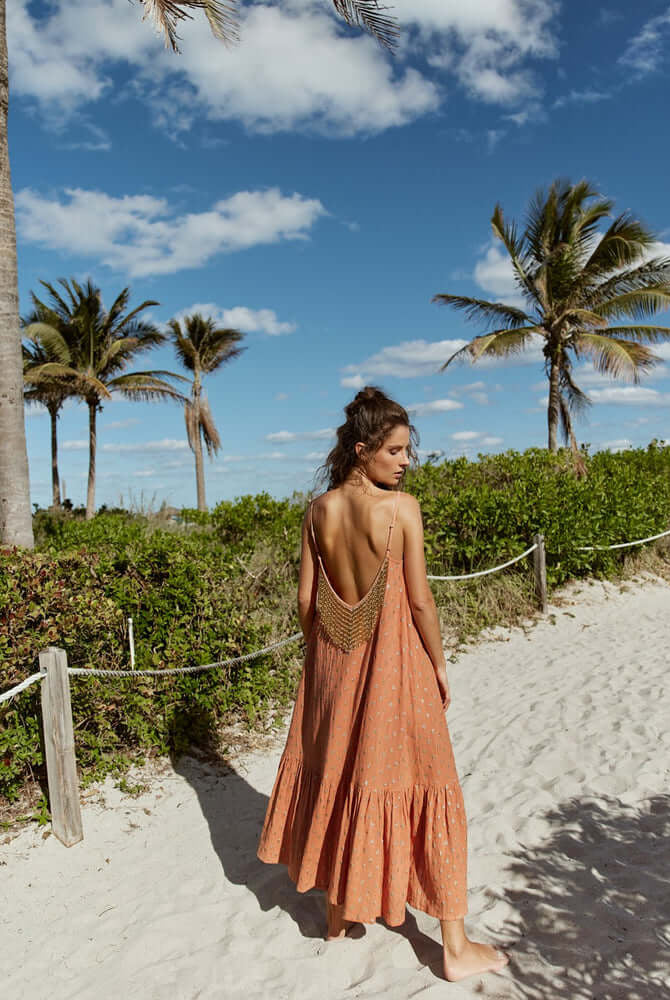 kara long dress terracotta dubai from sundress, terracotta maxi dress, brown vacation dress
