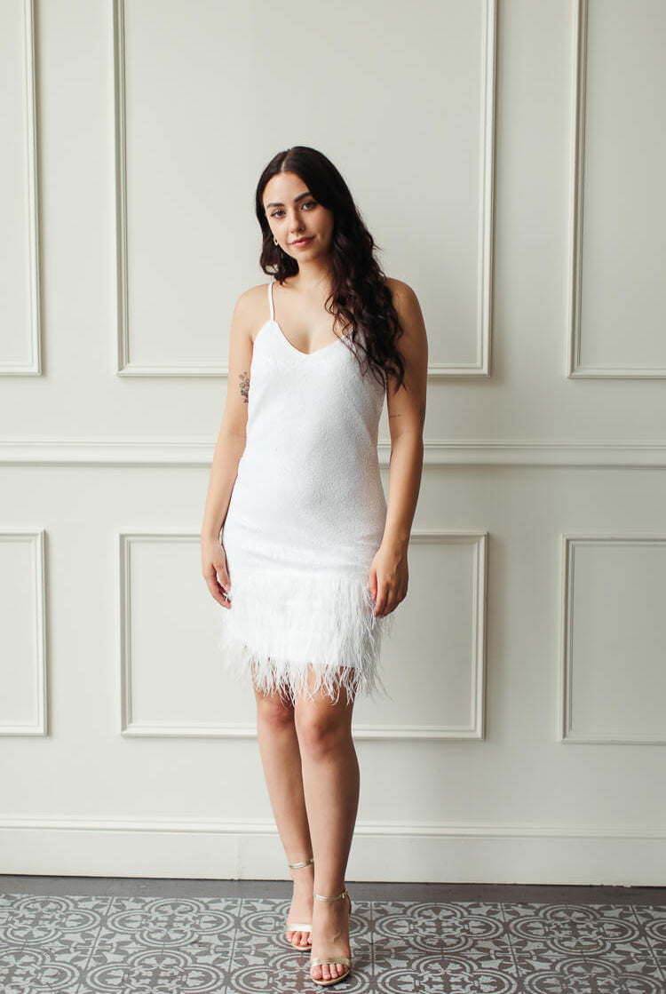 white sequin mini dress with feathers, wedding after party dress, short white dress, white sequin mini dress
