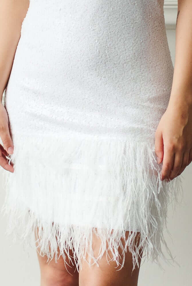 white sequin mini dress with feathers, wedding after party dress, short white dress, white sequin mini dress