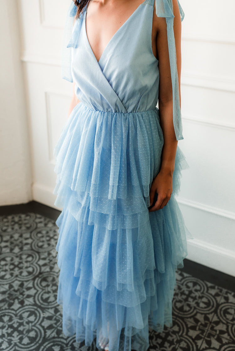 blue tulle midi dress