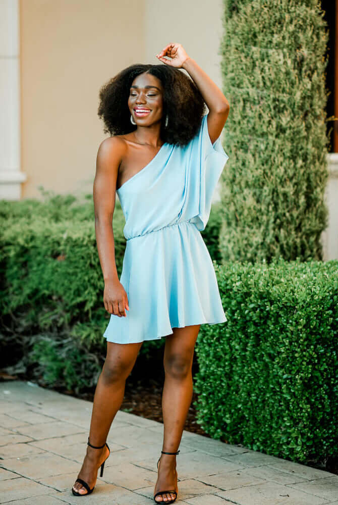 light blue one shoulder mini dress, light blue wedding guest dress, summer wedding guest dress