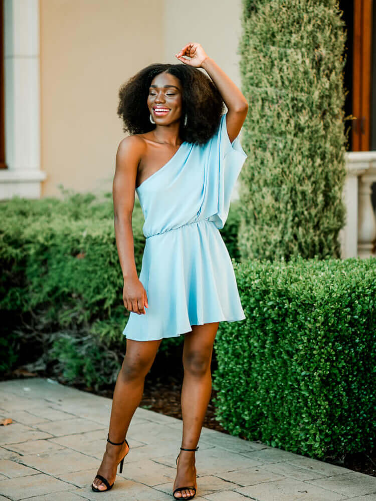 light blue one shoulder mini dress, light blue wedding guest dress, summer wedding guest dress