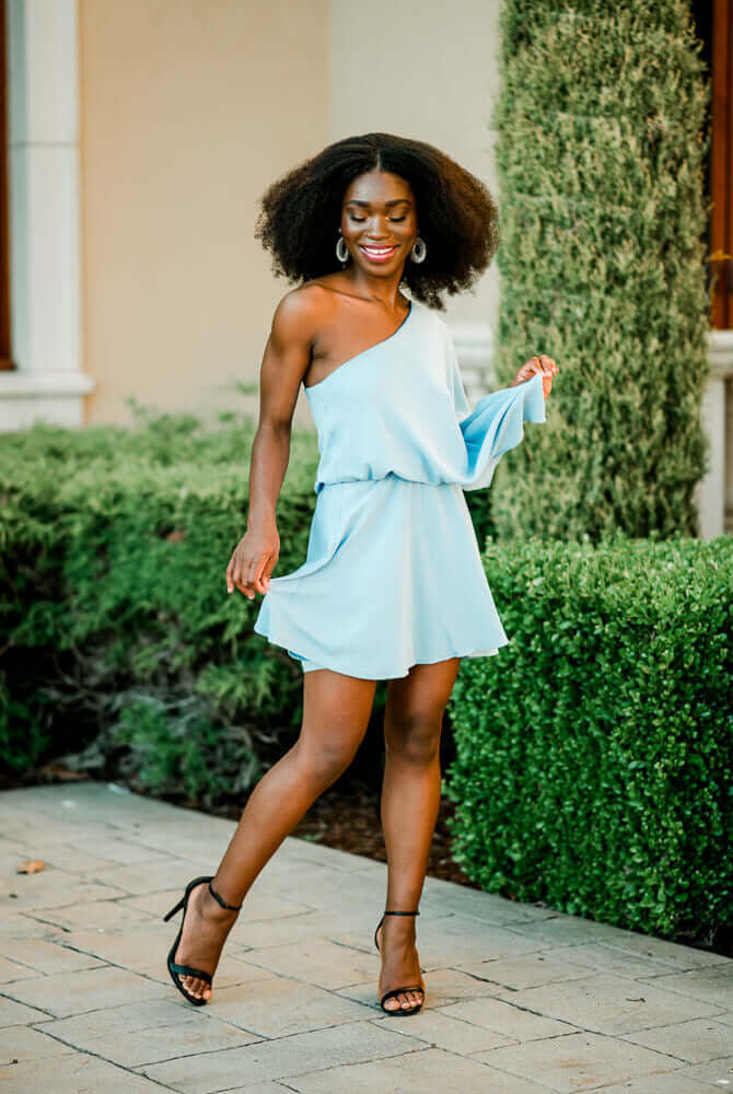 light blue one shoulder mini dress, light blue wedding guest dress, summer wedding guest dress