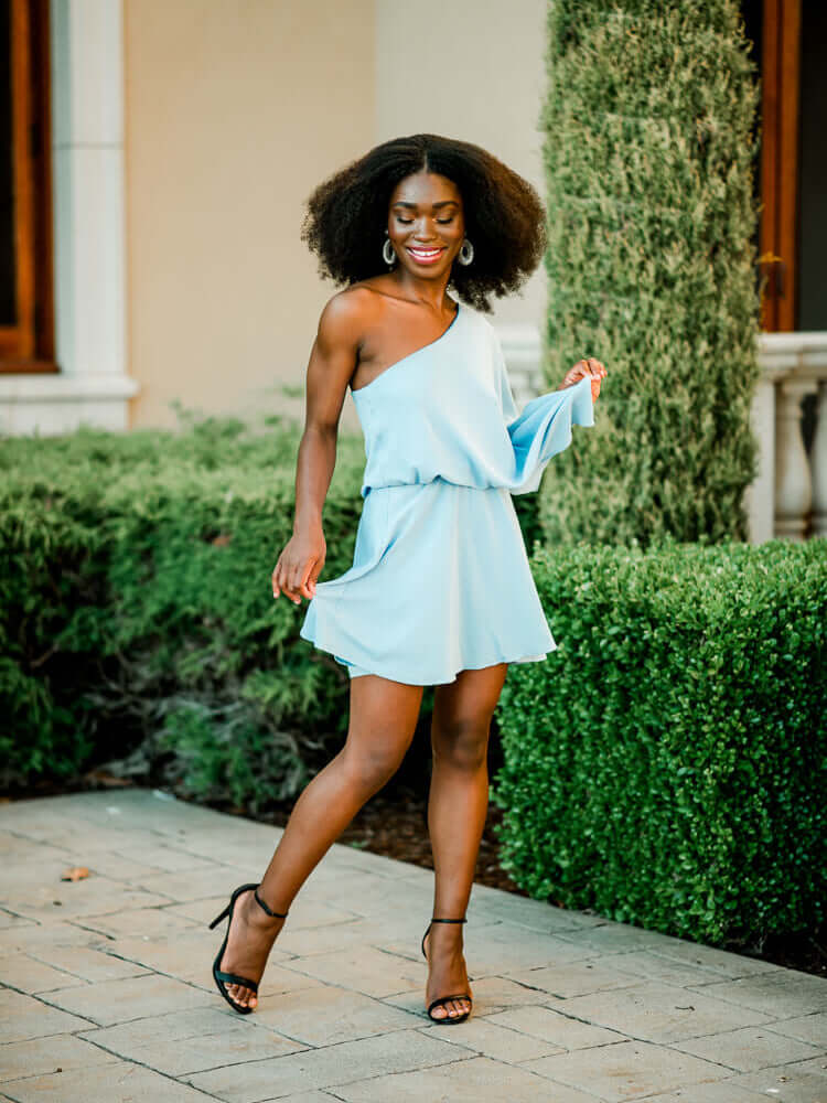 light blue one shoulder mini dress, light blue wedding guest dress, summer wedding guest dress
