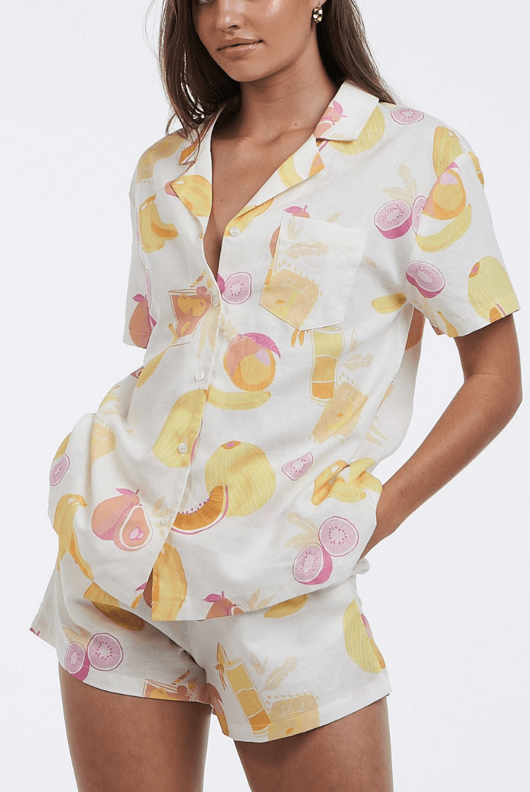 tropical fruit print shorts, shorts set, vacation set, vacation shorts set