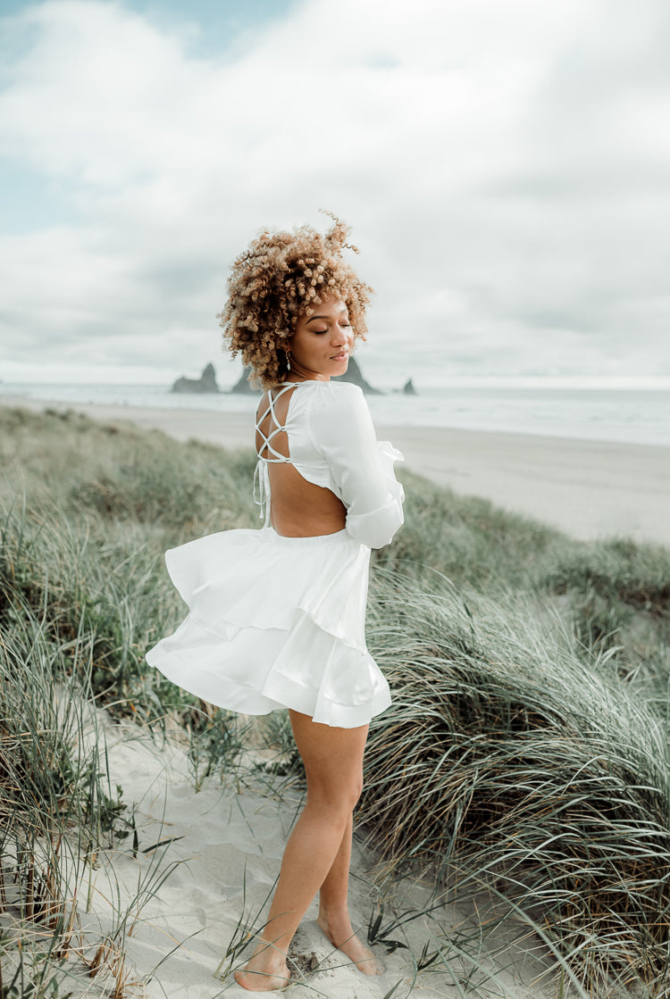 white silky cutout mini dress for honeymoon, honeymoon dresses