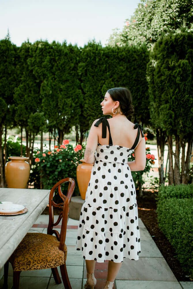 black and white polka dot midi dress, wedding guest dresses, polka dot dress