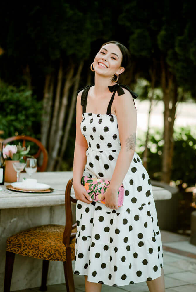 black and white polka dot midi dress, wedding guest dresses, polka dot dress