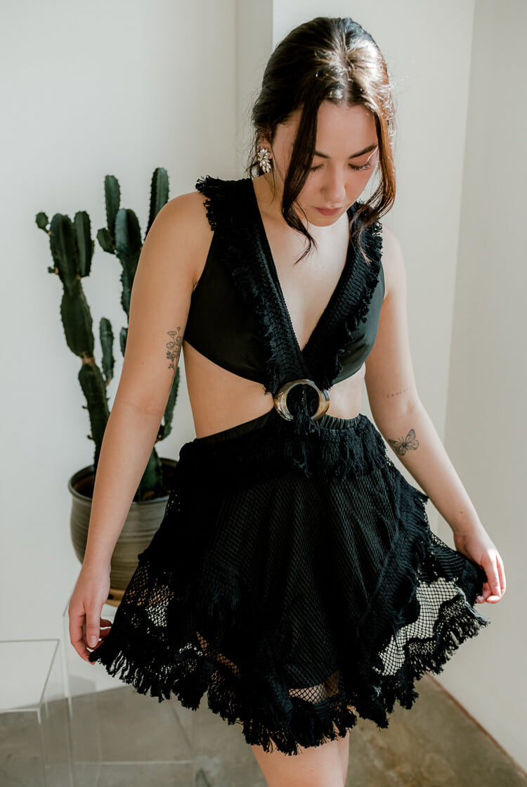 black crochet mini dress with cutouts, black vacation mini dress, sexy black vacation dress