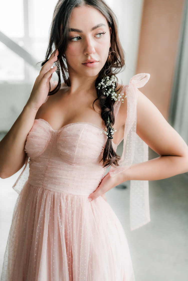 pink swiss dot midi dress