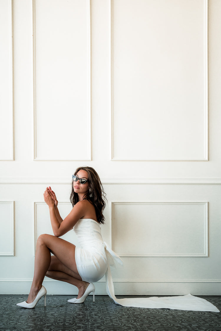 bow back mini dress with train