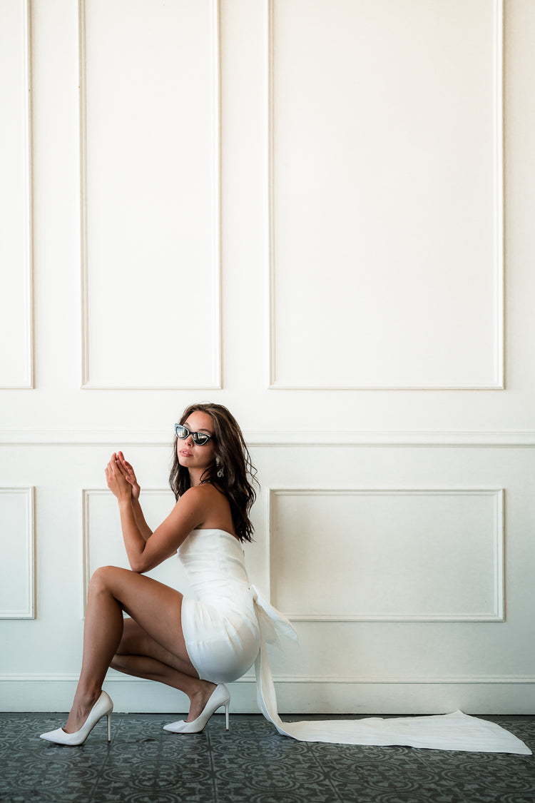 bow back mini dress with train