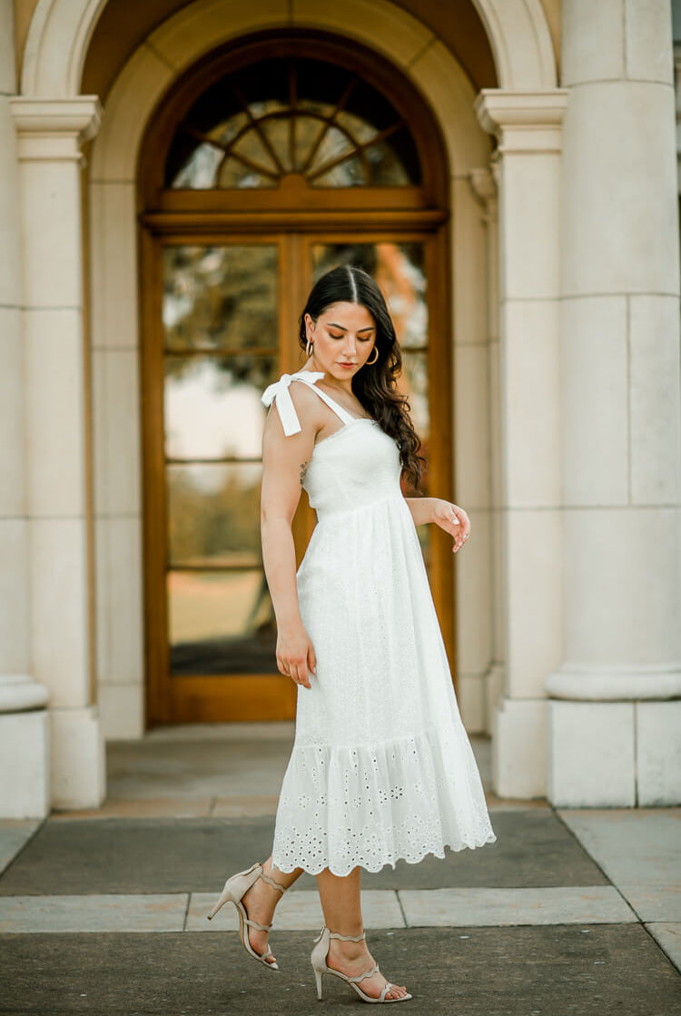 white eyelet midi dress, eyelet sundress, white sundress, white midi dress for bride