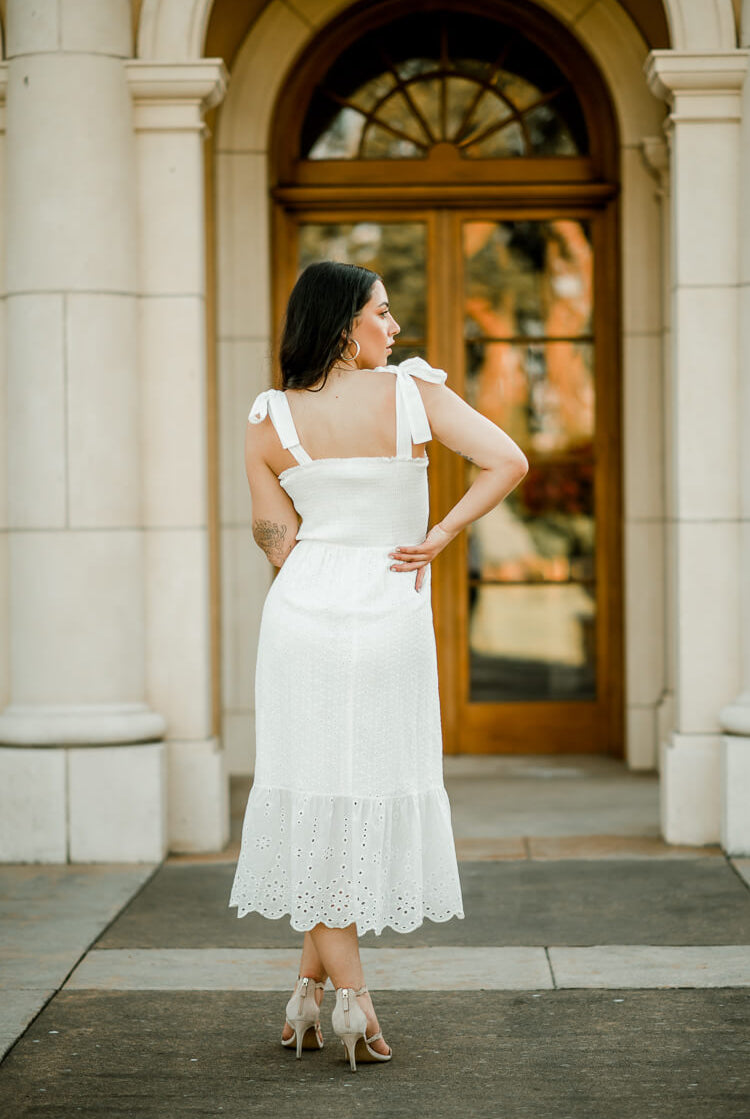 white eyelet midi dress, eyelet sundress, white sundress, white midi dress for bride