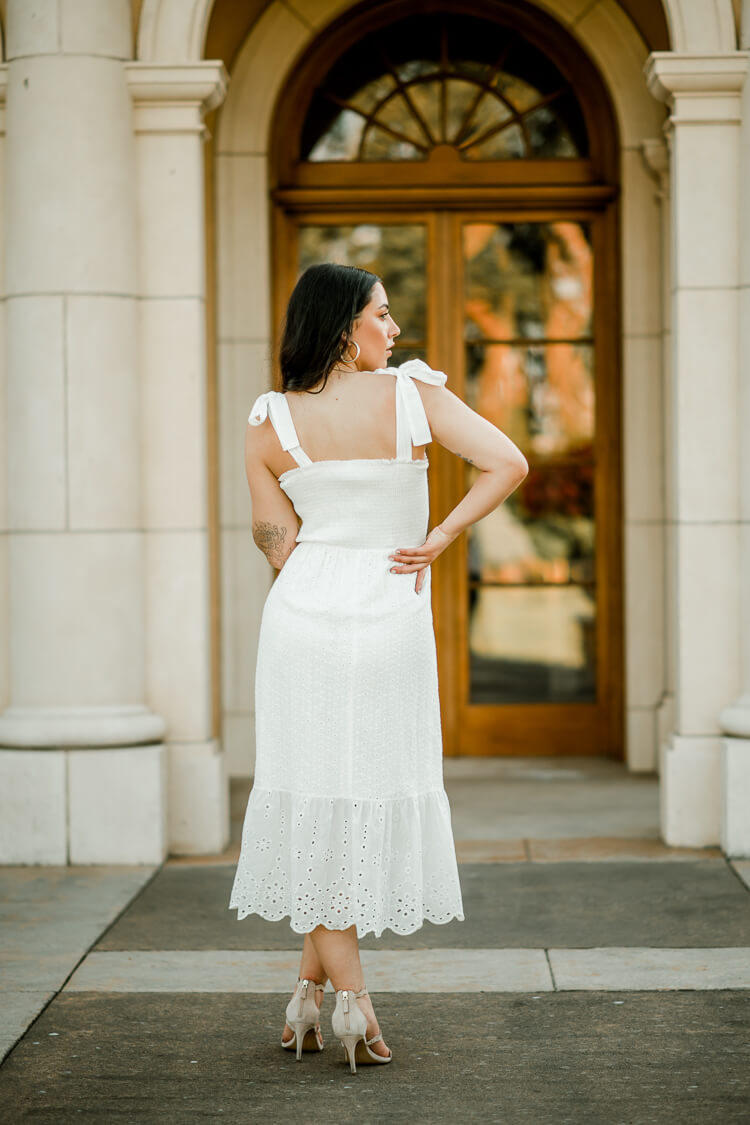 white eyelet midi dress, eyelet sundress, white sundress, white midi dress for bride