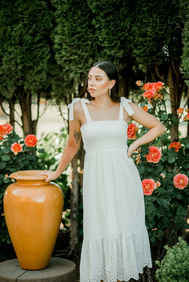 white eyelet midi dress, eyelet sundress, white sundress, white midi dress for bride