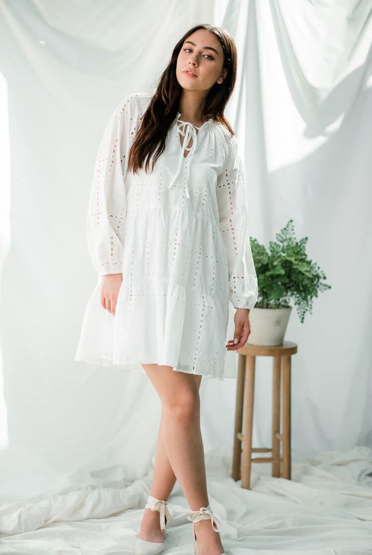 white eyelet mini dress, long sleeved mini eyelet dress, casual white spring dress, best little white casual dresses