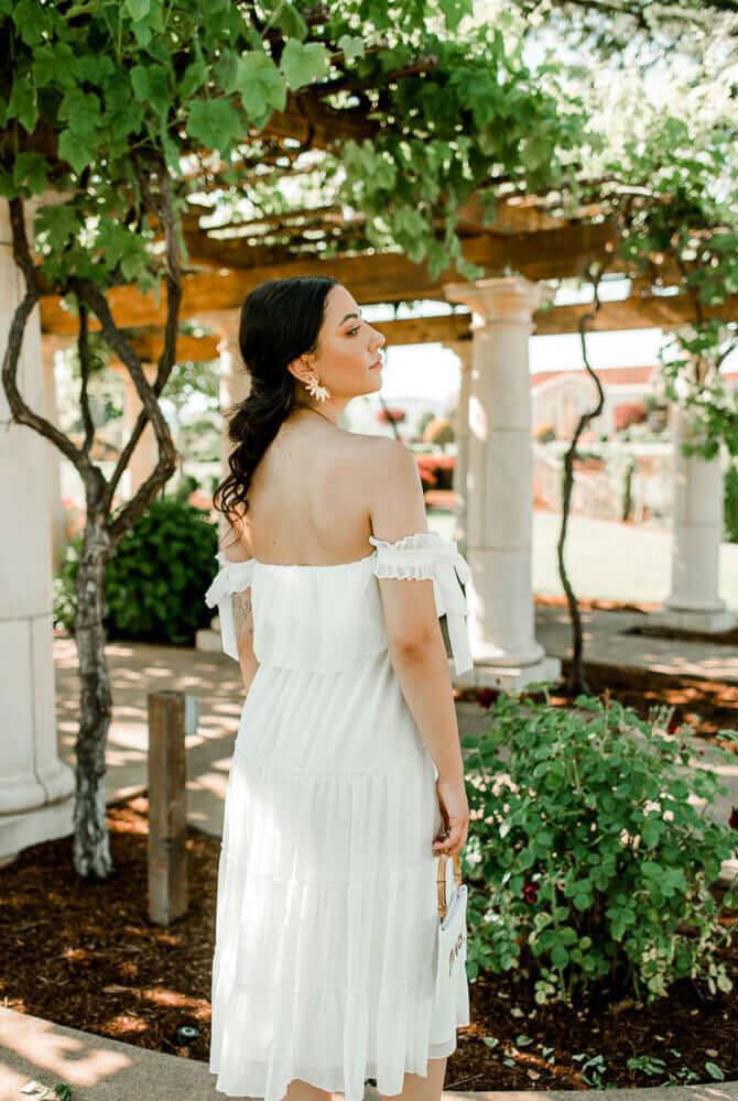 white off the shoulder tiered midi dress, summer white midi dress, bridal shower midi dress, bridal shower dress