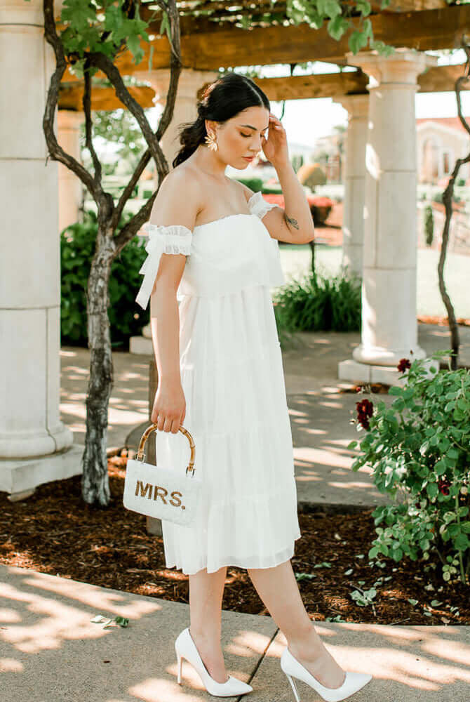 white off the shoulder tiered midi dress, summer white midi dress, bridal shower midi dress, bridal shower dress