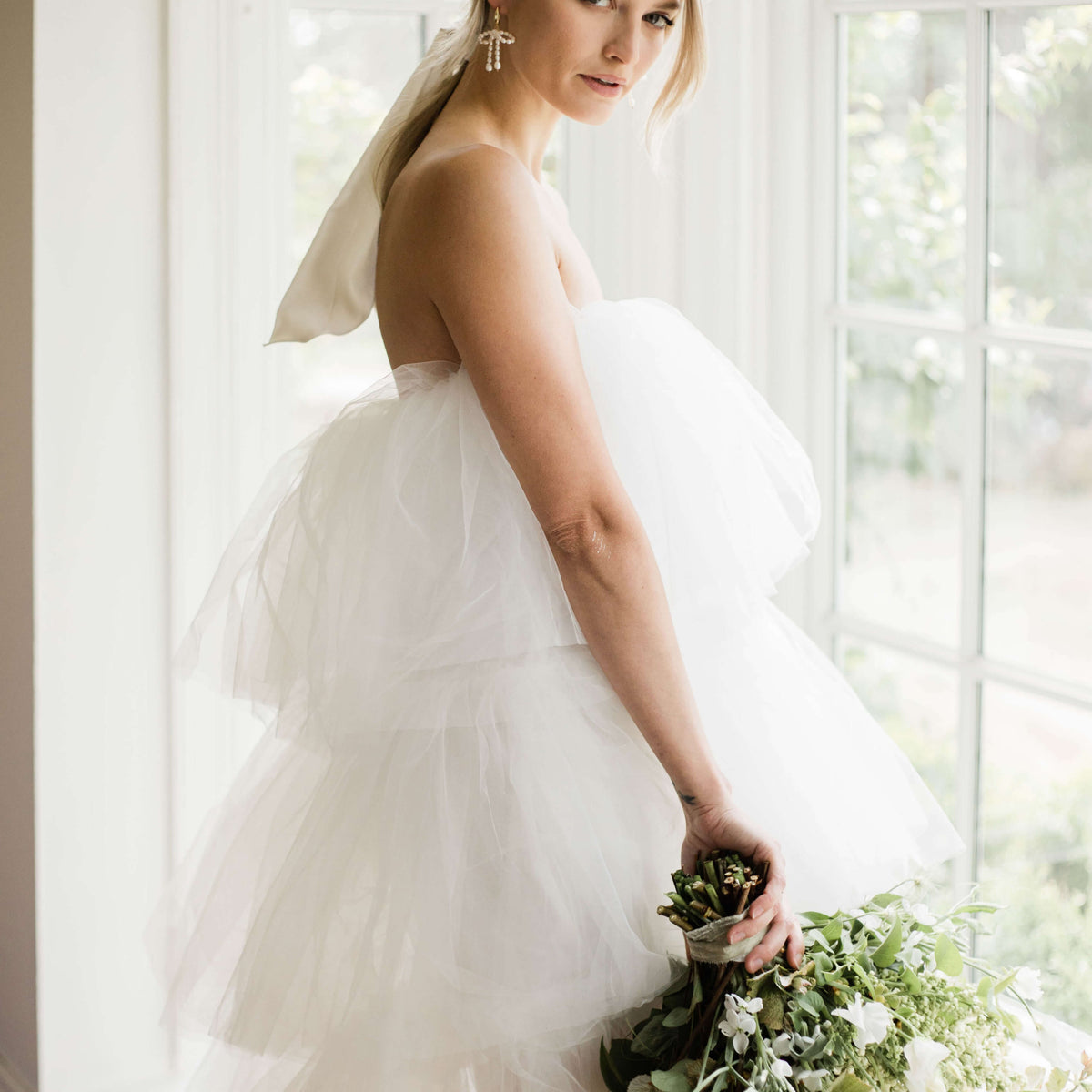 Confte - Chloe White Tulle High-Low Maxi Rehearsal Dinner Dress Confte - Chloe White Tulle High-Low Maxi Rehearsal Dinner Dress